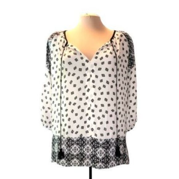 Anthropologie W5 Black and Off White Long Sleeve Tassel Blouse Size L - Picture 1 of 4